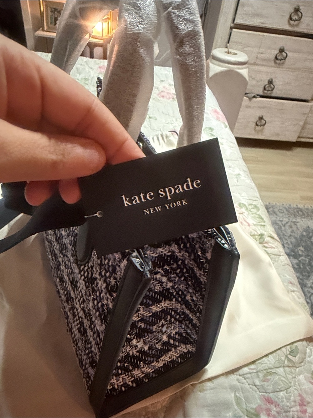 NWT Kate Spade KI581 Manhattan Plaid Tweed Small Tote Black Multi - Picture 7 of 10